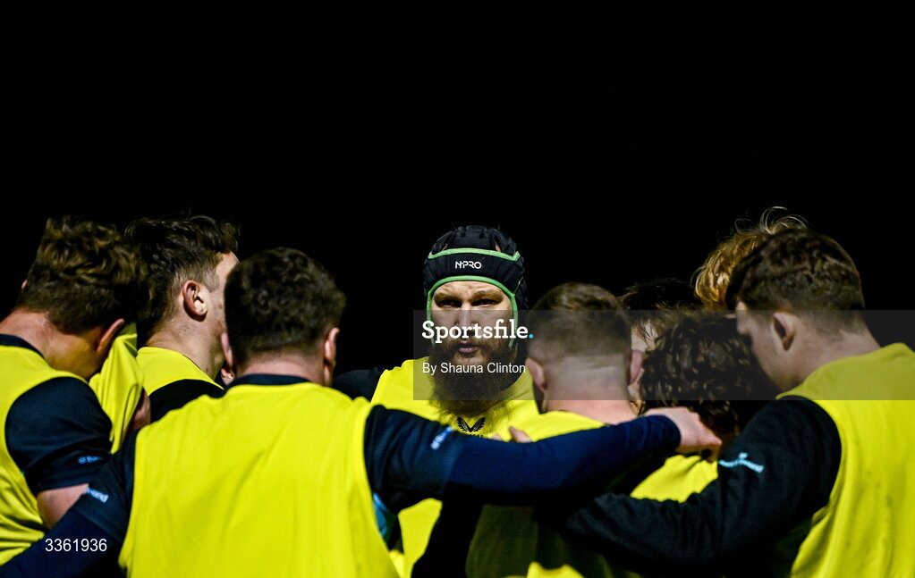 19 February 2026; RG Snyman, centre, and team-mates during the Leinster Rugby open training session at Terenure College RFC at Lakelands Park in Dublin. Photo by Shauna Clinton/Sportsfile