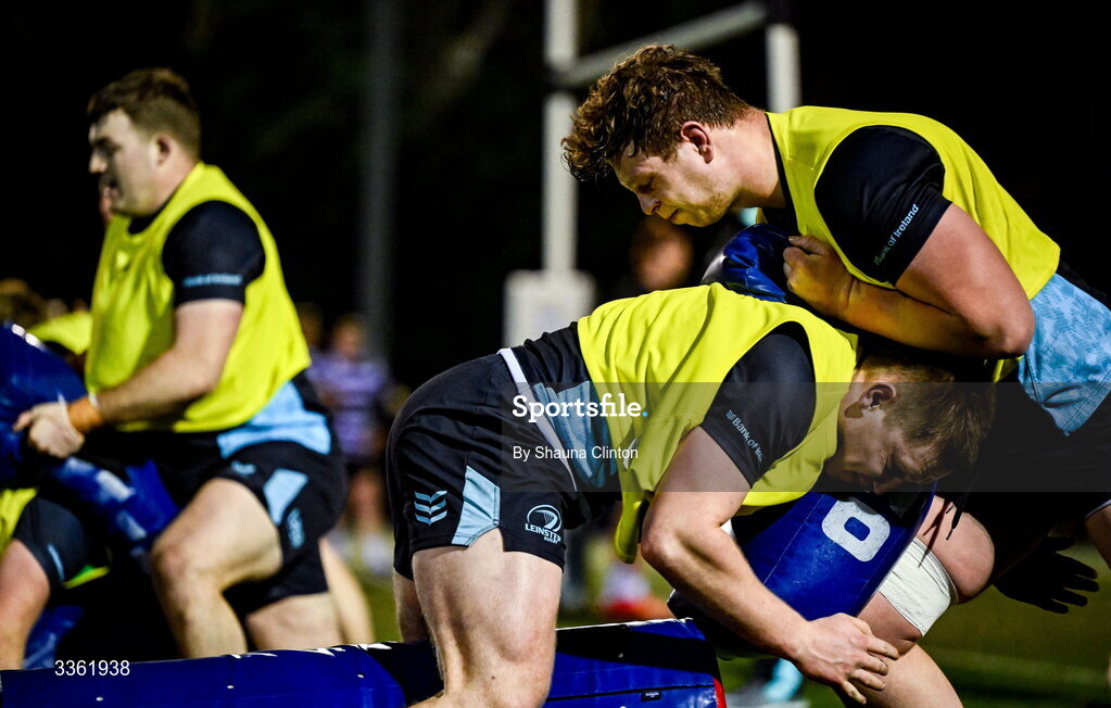 19 February 2026; Mahon Ronan, right, and Conor O'Tighearnaigh during the Leinster Rugby open training session at Terenure College RFC at Lakelands Park in Dublin. Photo by Shauna Clinton/Sportsfile