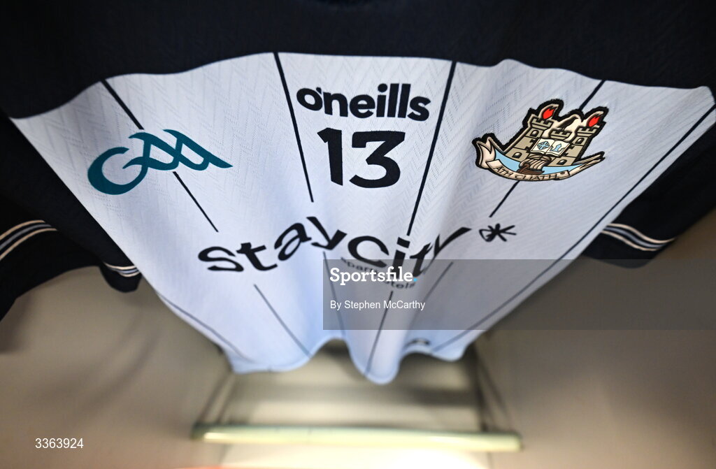 21 February 2026; A detailed view of the Dublin jersey inside their dressing room before the Allianz Hurling League Division 1B match between Dublin and Wexford at Croke Park in Dublin. Photo by Stephen McCarthy/Sportsfile