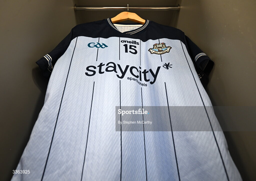 21 February 2026; A detailed view of the Dublin jersey inside their dressing room before the Allianz Hurling League Division 1B match between Dublin and Wexford at Croke Park in Dublin. Photo by Stephen McCarthy/Sportsfile