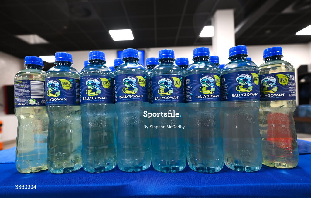 21 February 2026; A detailed view of Ballygowan water bottles inside the Dublin dressing room before the Allianz Hurling League Division 1B match between Dublin and Wexford at Croke Park in Dublin. Photo by Stephen McCarthy/Sportsfile