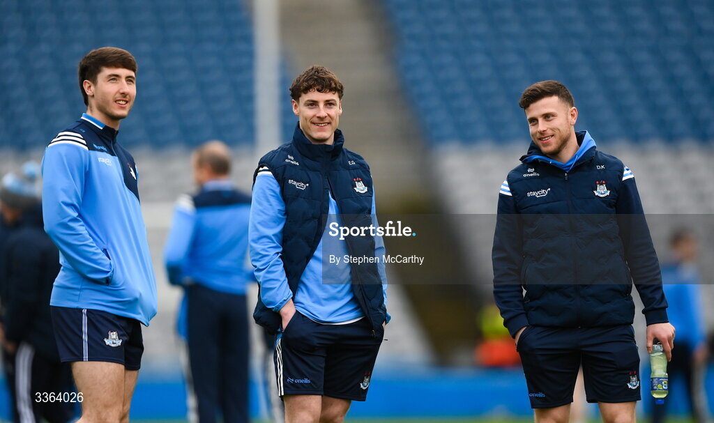 21 February 2026; Dublin players, from left, Seán Gallagher, Eddie Gibbons and Davy Keogh before the Allianz Hurling League Division 1B match between Dublin and Wexford at Croke Park in Dublin. Photo by Stephen McCarthy/Sportsfile