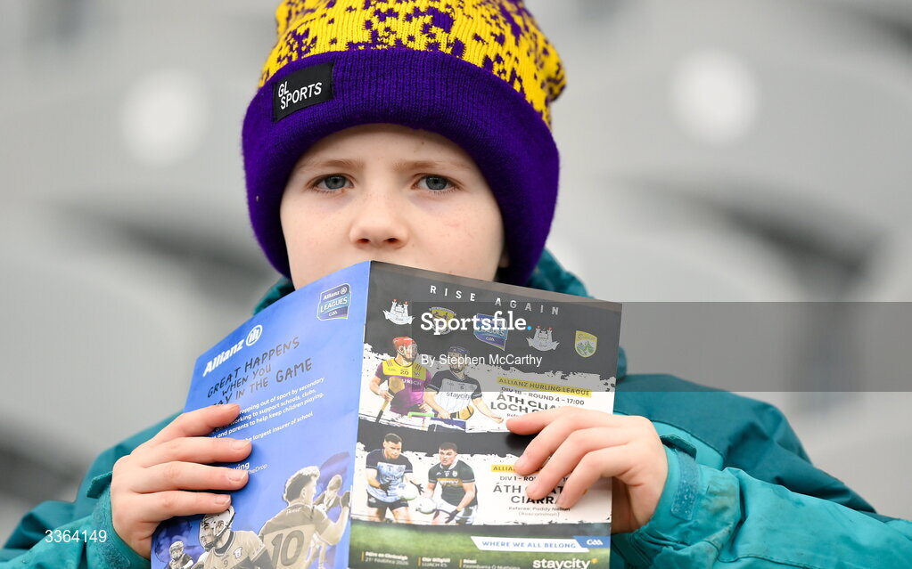 21 February 2026; A Wexford supporter awaits the start of the Allianz Hurling League Division 1B match between Dublin and Wexford at Croke Park in Dublin. Photo by Stephen McCarthy/Sportsfile