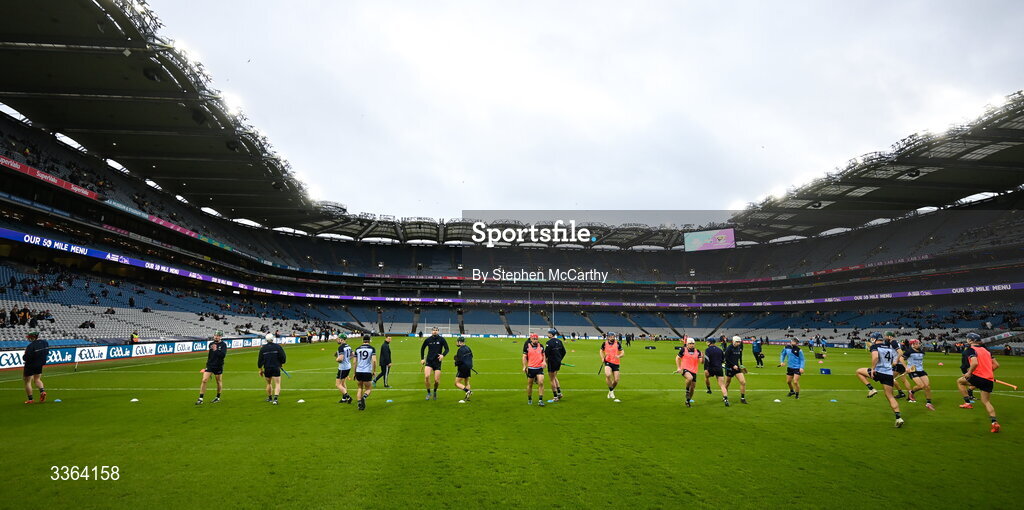 21 February 2026; Dublin players warms up before the Allianz Hurling League Division 1B match between Dublin and Wexford at Croke Park in Dublin. Photo by Stephen McCarthy/Sportsfile