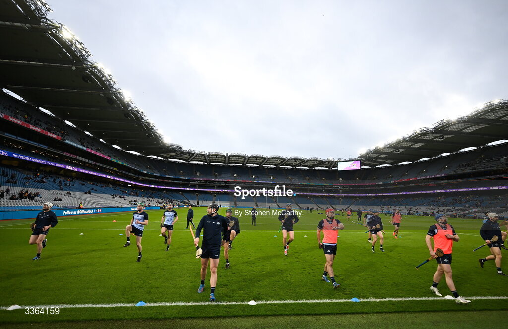 21 February 2026; Dublin players warms up before the Allianz Hurling League Division 1B match between Dublin and Wexford at Croke Park in Dublin. Photo by Stephen McCarthy/Sportsfile