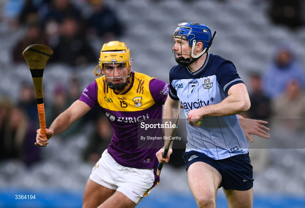 21 February 2026; Conor Burke of Dublin in action against Tomás Kinsella of Wexford during the Allianz Hurling League Division 1B match between Dublin and Wexford at Croke Park in Dublin. Photo by Stephen McCarthy/Sportsfile