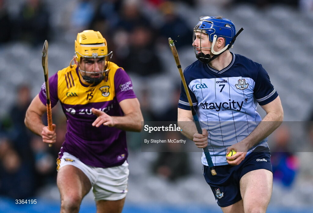 21 February 2026; Conor Burke of Dublin in action against Tomás Kinsella of Wexford during the Allianz Hurling League Division 1B match between Dublin and Wexford at Croke Park in Dublin. Photo by Stephen McCarthy/Sportsfile