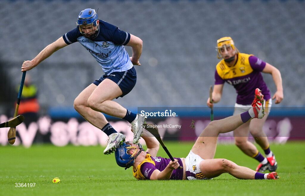 21 February 2026; Conor Burke of Dublin in action against Simon Roche of Wexford during the Allianz Hurling League Division 1B match between Dublin and Wexford at Croke Park in Dublin. Photo by Stephen McCarthy/Sportsfile