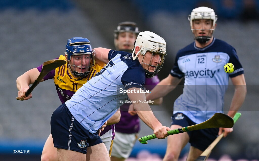21 February 2026; Andrew Dunphy of Dublin in action against Simon Roche of Wexford during the Allianz Hurling League Division 1B match between Dublin and Wexford at Croke Park in Dublin. Photo by Stephen McCarthy/Sportsfile