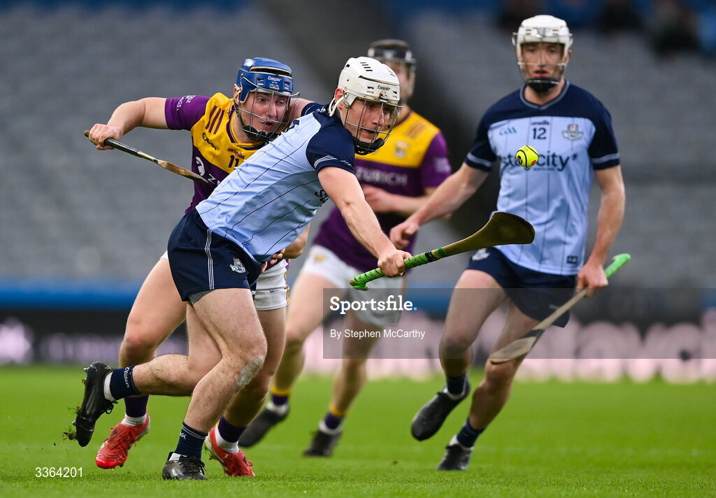 21 February 2026; Andrew Dunphy of Dublin in action against Simon Roche of Wexford during the Allianz Hurling League Division 1B match between Dublin and Wexford at Croke Park in Dublin. Photo by Stephen McCarthy/Sportsfile