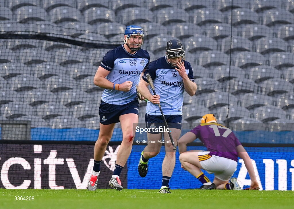 21 February 2026; John Hetherton, left, of Dublin after scoring his side's first goal during the Allianz Hurling League Division 1B match between Dublin and Wexford at Croke Park in Dublin. Photo by Stephen McCarthy/Sportsfile