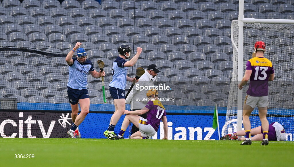 21 February 2026; John Hetherton, left, of Dublin celebrates after scoring his side's first goal during the Allianz Hurling League Division 1B match between Dublin and Wexford at Croke Park in Dublin. Photo by Stephen McCarthy/Sportsfile