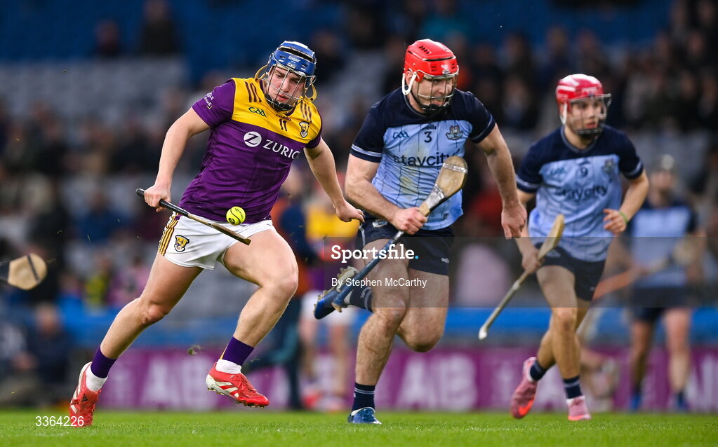 21 February 2026; Simon Roche of Wexford in action against Paddy Smyth of Dublin during the Allianz Hurling League Division 1B match between Dublin and Wexford at Croke Park in Dublin. Photo by Stephen McCarthy/Sportsfile