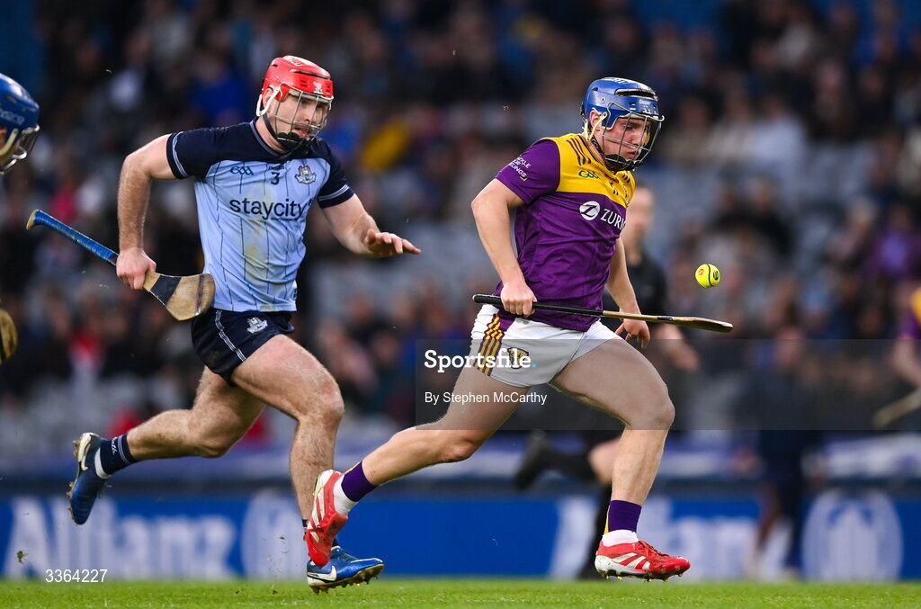 21 February 2026; Simon Roche of Wexford in action against Paddy Smyth of Dublin during the Allianz Hurling League Division 1B match between Dublin and Wexford at Croke Park in Dublin. Photo by Stephen McCarthy/Sportsfile