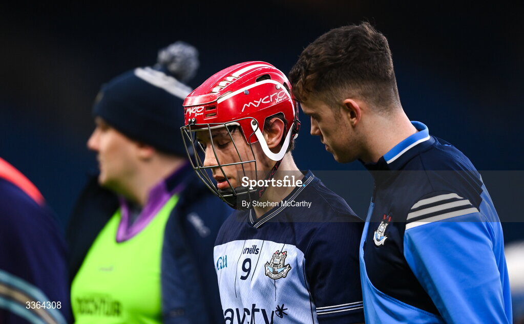21 February 2026; Conor Groarke of Dublin, who was sent-off in the first half, at half-time of the Allianz Hurling League Division 1B match between Dublin and Wexford at Croke Park in Dublin. Photo by Stephen McCarthy/Sportsfile