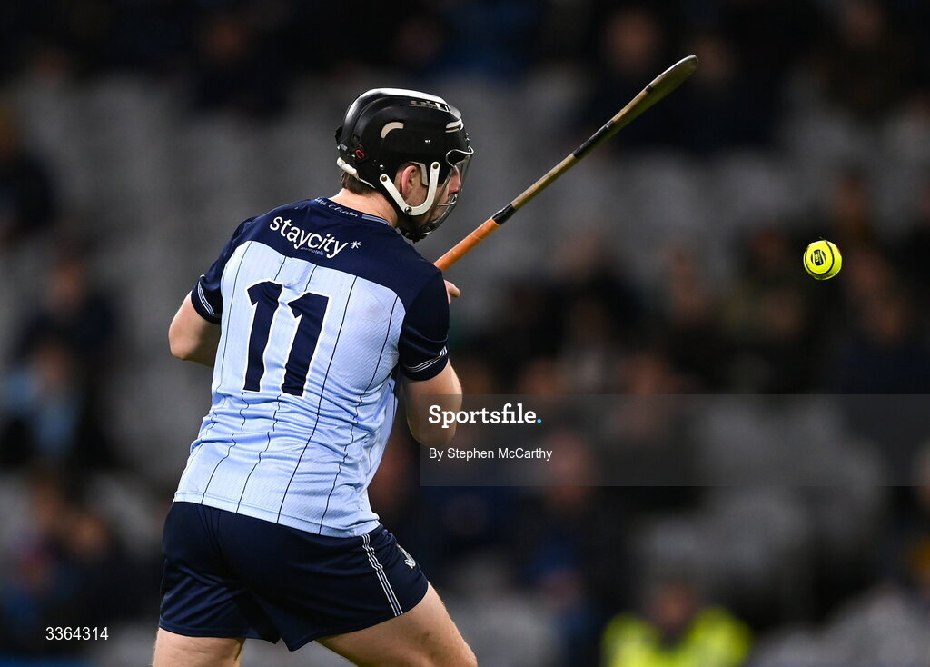 21 February 2026; Dónal Burke of Dublin shoots to score his side's third goal, from a penalty, during the Allianz Hurling League Division 1B match between Dublin and Wexford at Croke Park in Dublin. Photo by Stephen McCarthy/Sportsfile