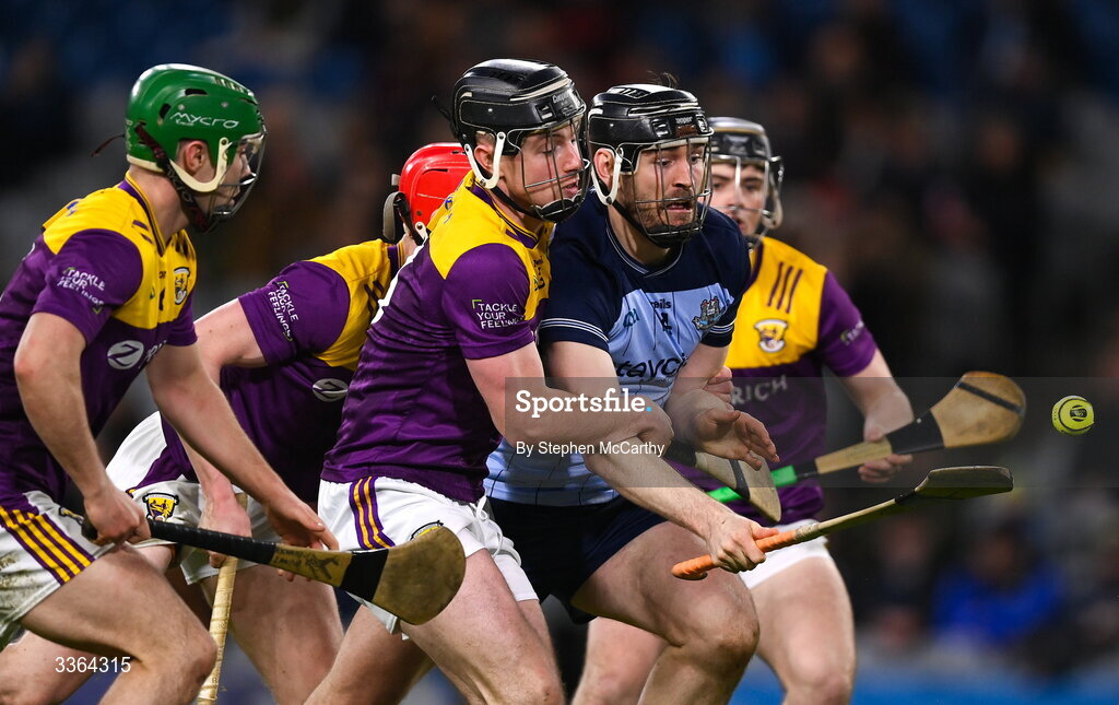 21 February 2026; Ronan Hayes of Dublin in action against Conor Foley of Wexford during the Allianz Hurling League Division 1B match between Dublin and Wexford at Croke Park in Dublin. Photo by Stephen McCarthy/Sportsfile