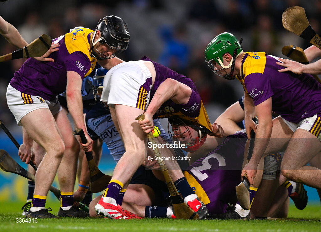 21 February 2026; Eamon Wickham of Wexford has his jersey pulled during the Allianz Hurling League Division 1B match between Dublin and Wexford at Croke Park in Dublin. Photo by Stephen McCarthy/Sportsfile