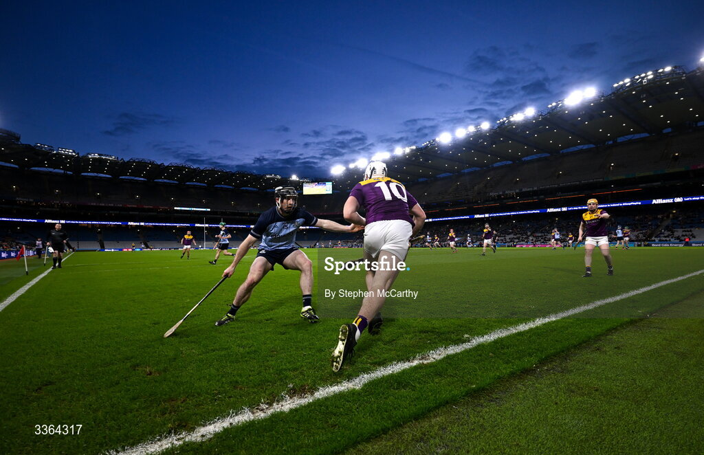 21 February 2026; Darren Codd of Wexford in action against Cian O'Sullivan of Dublin during the Allianz Hurling League Division 1B match between Dublin and Wexford at Croke Park in Dublin. Photo by Stephen McCarthy/Sportsfile