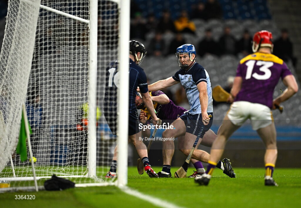 21 February 2026; Kevin Foley of Wexford, centre, scores his side's second goal during the Allianz Hurling League Division 1B match between Dublin and Wexford at Croke Park in Dublin. Photo by David Fitzgerald/Sportsfile