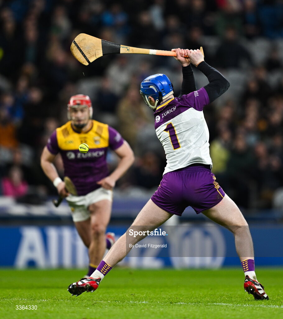 21 February 2026; Wexford goalkeeper Mark Fanning takes a penalty which is saved during the Allianz Hurling League Division 1B match between Dublin and Wexford at Croke Park in Dublin. Photo by David Fitzgerald/Sportsfile