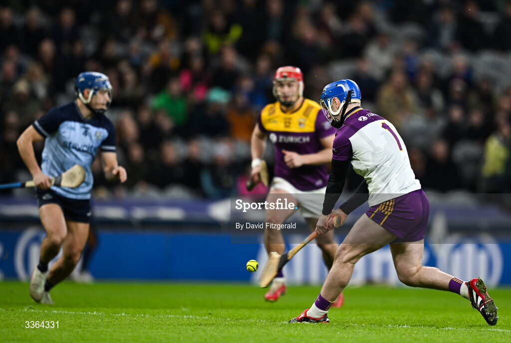 21 February 2026; Wexford goalkeeper Mark Fanning takes a penalty which is saved during the Allianz Hurling League Division 1B match between Dublin and Wexford at Croke Park in Dublin. Photo by David Fitzgerald/Sportsfile