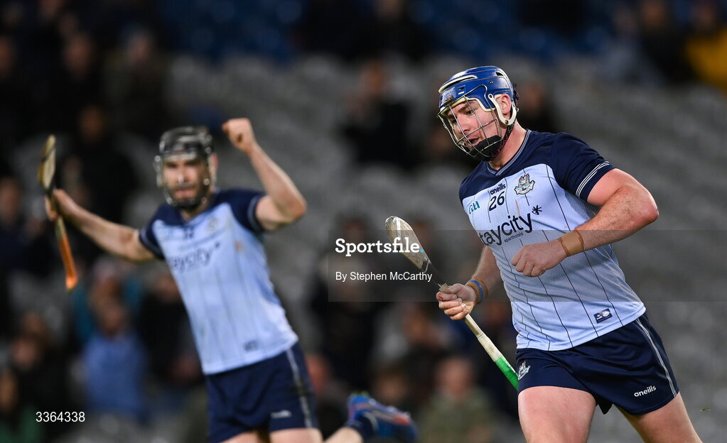 21 February 2026; John Hetherton of Dublin after scoring his side's fourth goal during the Allianz Hurling League Division 1B match between Dublin and Wexford at Croke Park in Dublin. Photo by Stephen McCarthy/Sportsfile