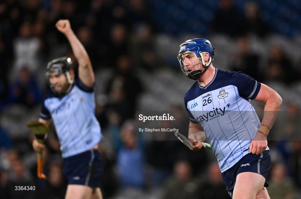 21 February 2026; John Hetherton of Dublin after scoring his side's fourth goal during the Allianz Hurling League Division 1B match between Dublin and Wexford at Croke Park in Dublin. Photo by Stephen McCarthy/Sportsfile