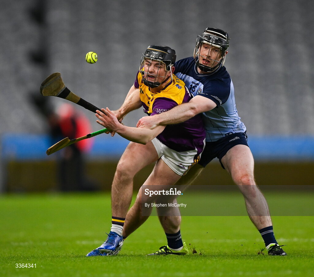 21 February 2026; Darragh Carley of Wexford in action against Cian O'Sullivan of Dublin during the Allianz Hurling League Division 1B match between Dublin and Wexford at Croke Park in Dublin. Photo by Stephen McCarthy/Sportsfile