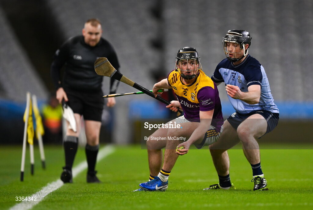 21 February 2026; Darragh Carley of Wexford in action against Cian O'Sullivan of Dublin during the Allianz Hurling League Division 1B match between Dublin and Wexford at Croke Park in Dublin. Photo by Stephen McCarthy/Sportsfile