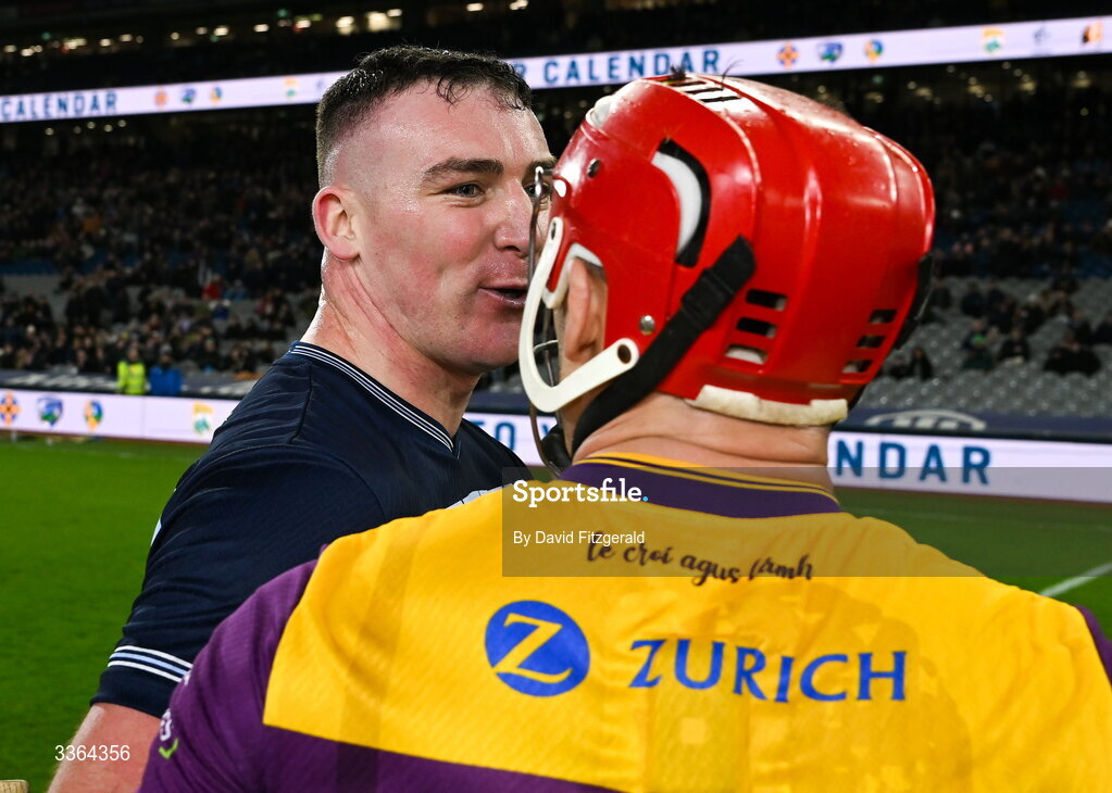 21 February 2026 John Hetherton of Dublin and Lee Chin of Wexford have words after the Allianz Hurling League Division 1B match between Dublin and Wexford at Croke Park in Dublin. Photo by David Fitzgerald/Sportsfile