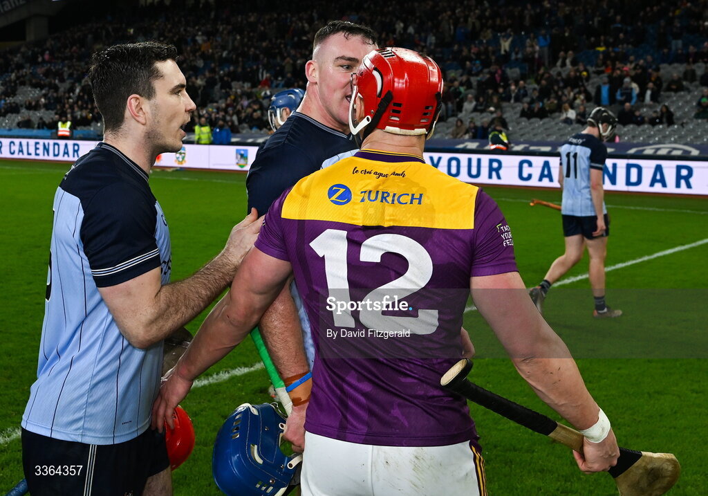 21 February 2026 John Hetherton of Dublin and Lee Chin of Wexford have words after the Allianz Hurling League Division 1B match between Dublin and Wexford at Croke Park in Dublin. Photo by David Fitzgerald/Sportsfile