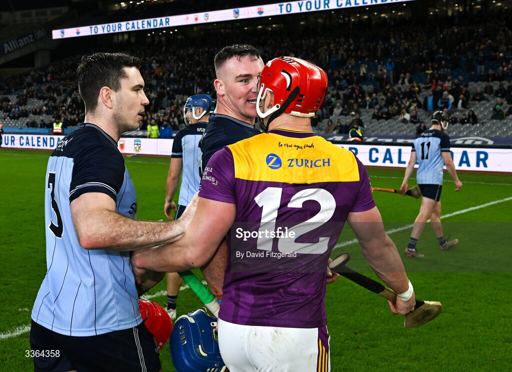 21 February 2026 John Hetherton of Dublin and Lee Chin of Wexford have words after the Allianz Hurling League Division 1B match between Dublin and Wexford at Croke Park in Dublin. Photo by David Fitzgerald/Sportsfile