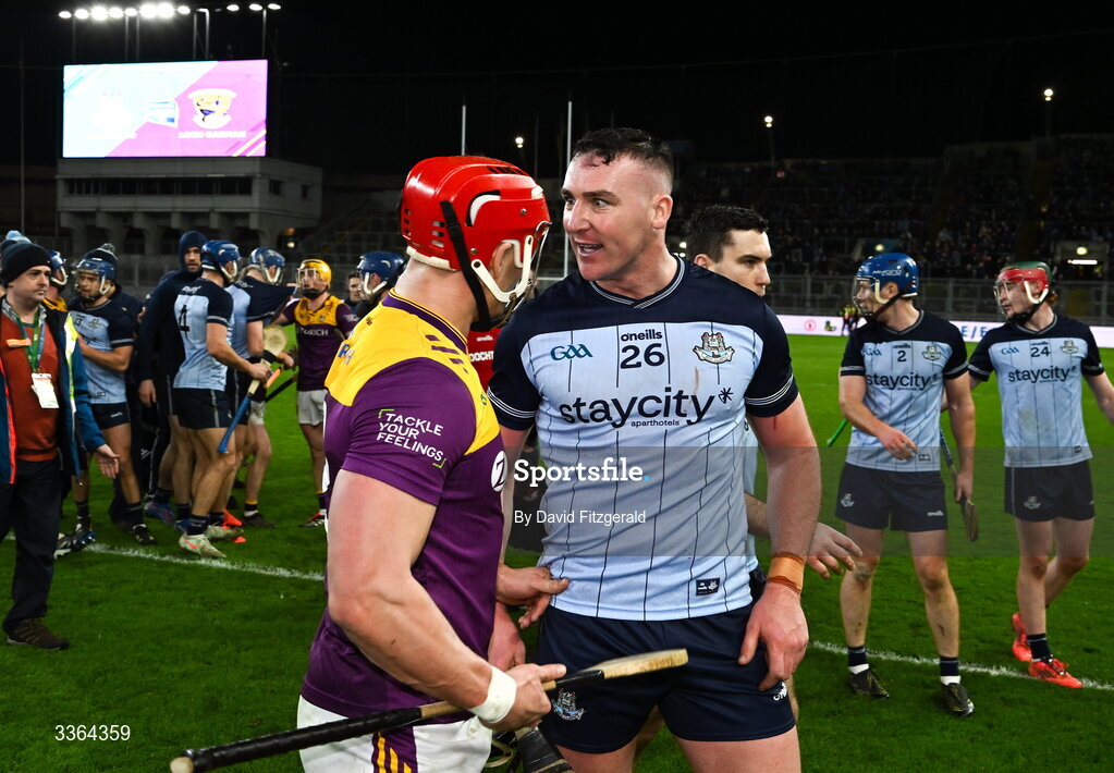 21 February 2026 John Hetherton of Dublin and Lee Chin of Wexford have words after the Allianz Hurling League Division 1B match between Dublin and Wexford at Croke Park in Dublin. Photo by David Fitzgerald/Sportsfile
