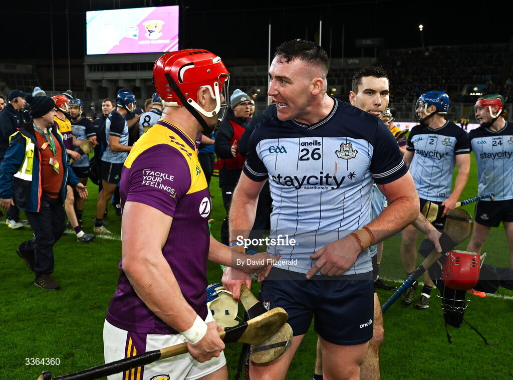 21 February 2026 John Hetherton of Dublin and Lee Chin of Wexford have words after the Allianz Hurling League Division 1B match between Dublin and Wexford at Croke Park in Dublin. Photo by David Fitzgerald/Sportsfile