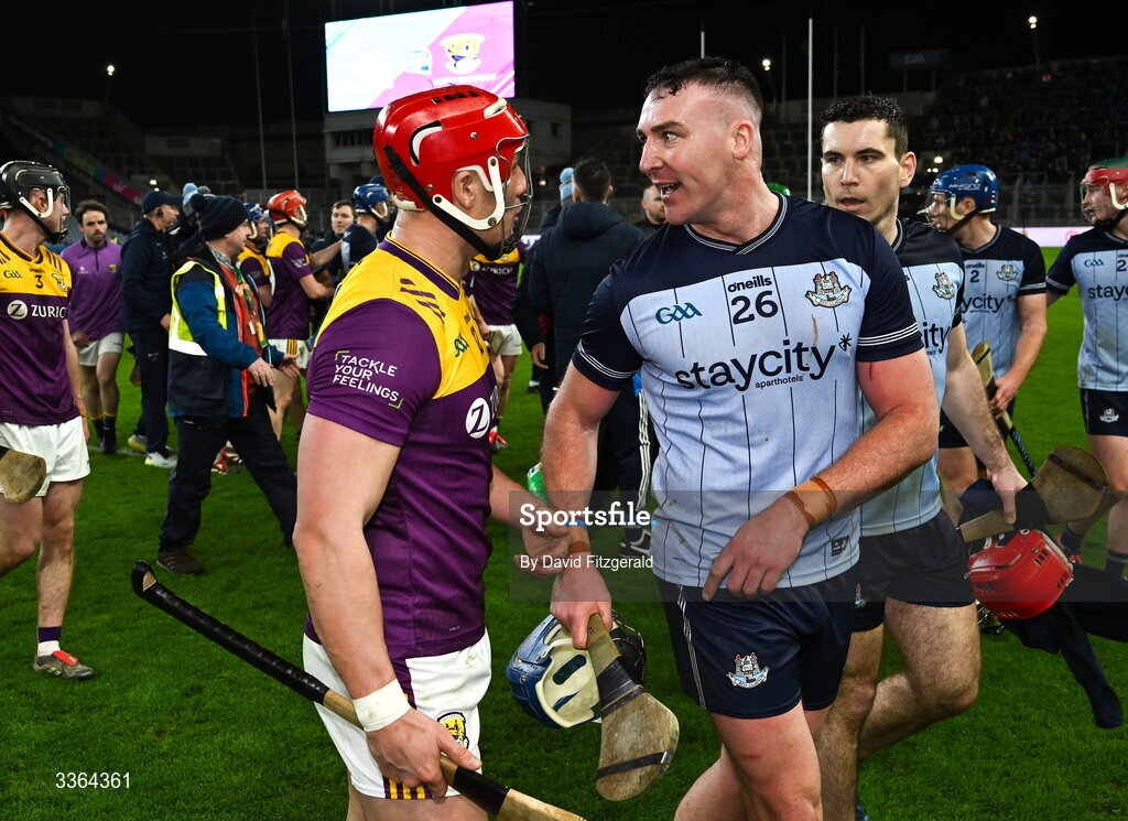 21 February 2026 John Hetherton of Dublin and Lee Chin of Wexford have words after the Allianz Hurling League Division 1B match between Dublin and Wexford at Croke Park in Dublin. Photo by David Fitzgerald/Sportsfile