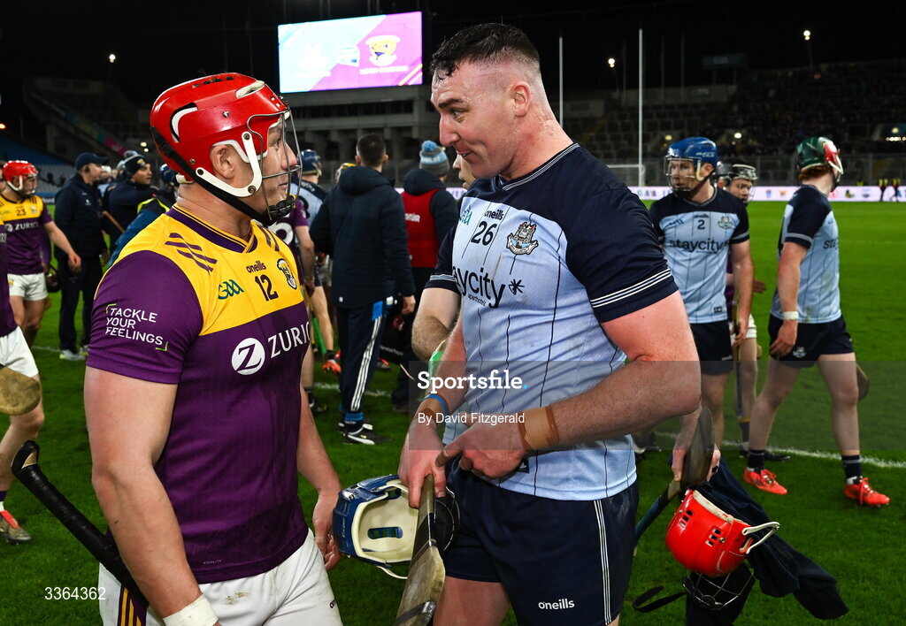 21 February 2026 John Hetherton of Dublin and Lee Chin of Wexford have words after the Allianz Hurling League Division 1B match between Dublin and Wexford at Croke Park in Dublin. Photo by David Fitzgerald/Sportsfile