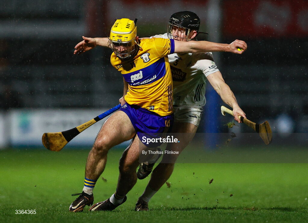 21 February 2026; Mark Rodgers of Clare in action against Rian Boran of Kildare during the Allianz Hurling League Division 1B match between Kildare and Clare at Cedral St Conleth's Park in Newbridge, Kildare. Photo by Thomas Flinkow/Sportsfile