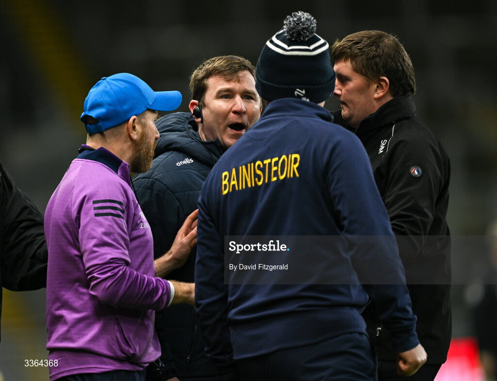 21 February 2026; Dublin manager Niall Ó Ceallacháin with Wexford manager Keith Rossiter during the Allianz Hurling League Division 1B match between Dublin and Wexford at Croke Park in Dublin. Photo by David Fitzgerald/Sportsfile