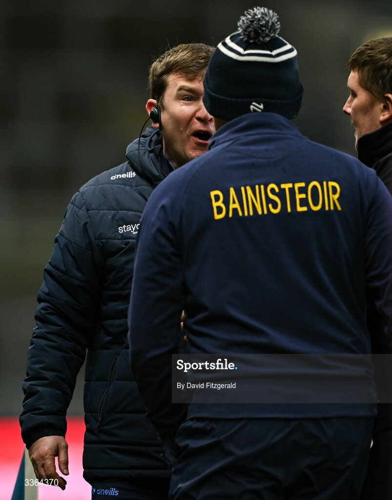 21 February 2026; Dublin manager Niall Ó Ceallacháin with Wexford manager Keith Rossiter during the Allianz Hurling League Division 1B match between Dublin and Wexford at Croke Park in Dublin. Photo by David Fitzgerald/Sportsfile