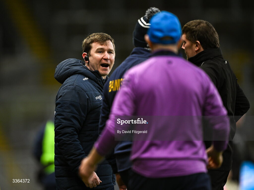 21 February 2026; Dublin manager Niall Ó Ceallacháin with Wexford manager Keith Rossiter during the Allianz Hurling League Division 1B match between Dublin and Wexford at Croke Park in Dublin. Photo by David Fitzgerald/Sportsfile