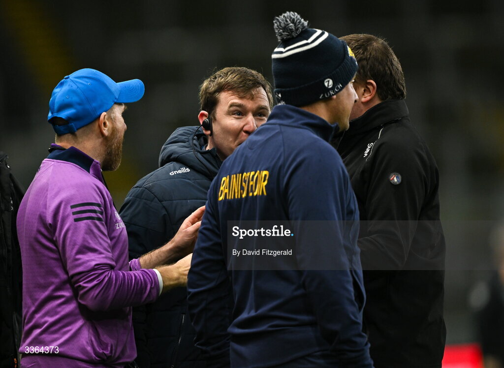 21 February 2026; Dublin manager Niall Ó Ceallacháin with Wexford manager Keith Rossiter during the Allianz Hurling League Division 1B match between Dublin and Wexford at Croke Park in Dublin. Photo by David Fitzgerald/Sportsfile