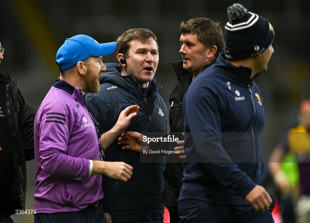 21 February 2026; Dublin manager Niall Ó Ceallacháin with Wexford manager Keith Rossiter during the Allianz Hurling League Division 1B match between Dublin and Wexford at Croke Park in Dublin. Photo by David Fitzgerald/Sportsfile