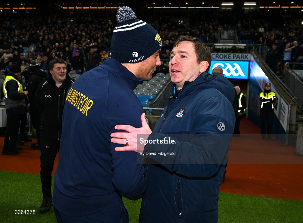 21 February 2026; Dublin manager Niall Ó Ceallacháin with Wexford manager Keith Rossiter after the Allianz Hurling League Division 1B match between Dublin and Wexford at Croke Park in Dublin. Photo by David Fitzgerald/Sportsfile