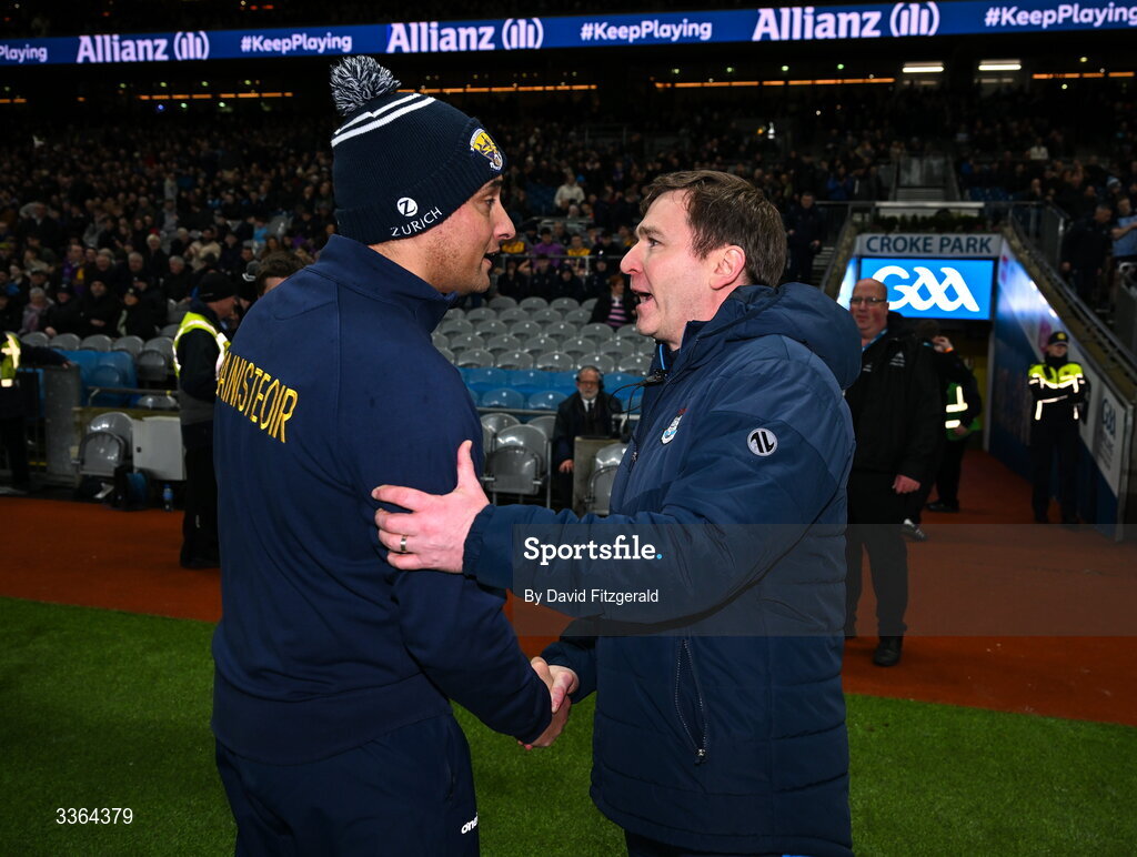 21 February 2026; Dublin manager Niall Ó Ceallacháin with Wexford manager Keith Rossiter after the Allianz Hurling League Division 1B match between Dublin and Wexford at Croke Park in Dublin. Photo by David Fitzgerald/Sportsfile