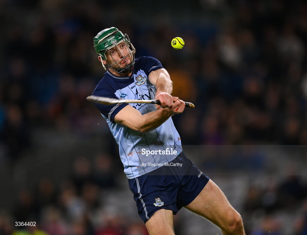 21 February 2026; Chris Crummey of Dublin scores his side's equalising and final point of the game during the Allianz Hurling League Division 1B match between Dublin and Wexford at Croke Park in Dublin. Photo by Stephen McCarthy/Sportsfile