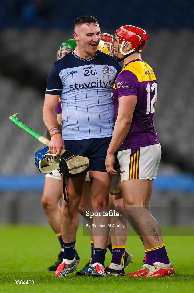 21 February 2026; John Hetherton of Dublin and Lee Chin of Wexford after the Allianz Hurling League Division 1B match between Dublin and Wexford at Croke Park in Dublin. Photo by Stephen McCarthy/Sportsfile