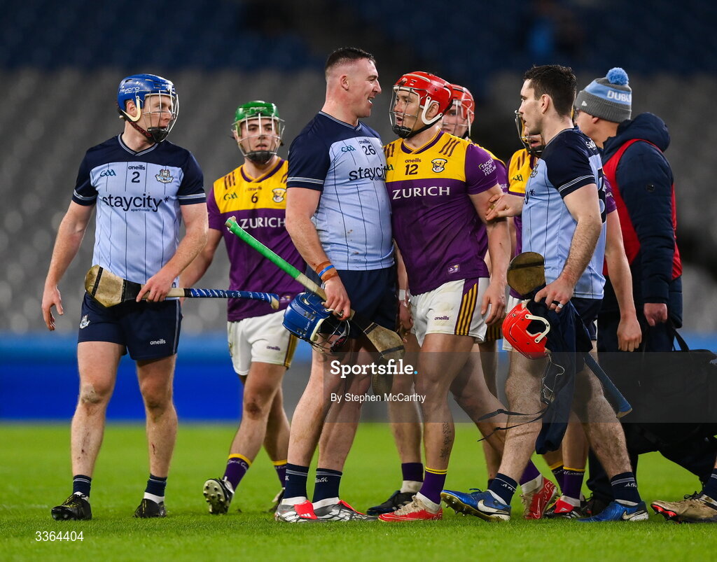 21 February 2026; John Hetherton of Dublin and Lee Chin of Wexford after the Allianz Hurling League Division 1B match between Dublin and Wexford at Croke Park in Dublin. Photo by Stephen McCarthy/Sportsfile