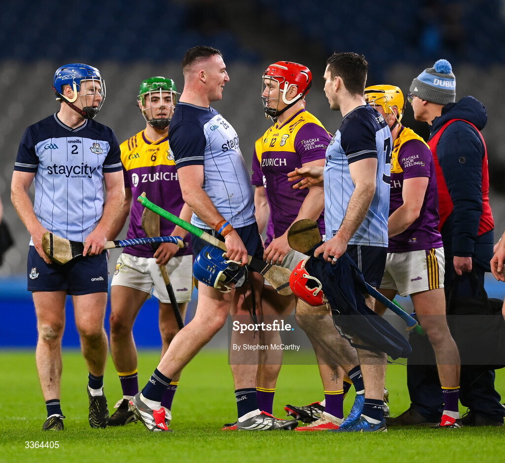 21 February 2026; John Hetherton of Dublin and Lee Chin of Wexford after the Allianz Hurling League Division 1B match between Dublin and Wexford at Croke Park in Dublin. Photo by Stephen McCarthy/Sportsfile