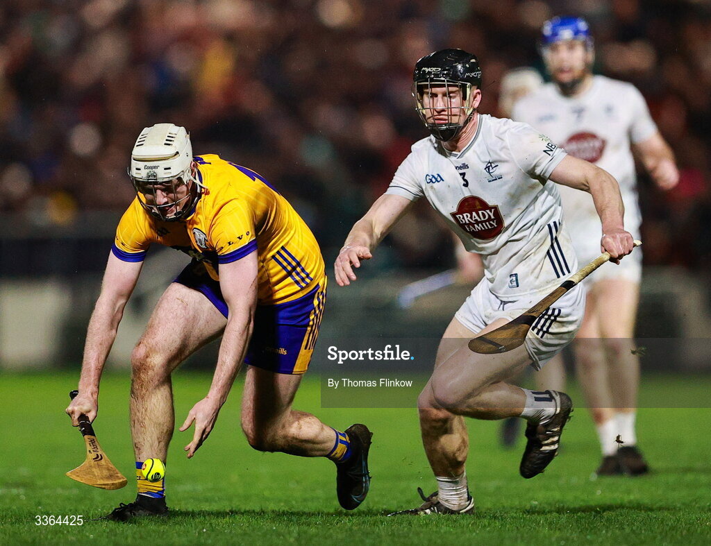 21 February 2026; Colm O'Meara of Clare in action against Rian Boran of Kildare during the Allianz Hurling League Division 1B match between Kildare and Clare at Cedral St Conleth's Park in Newbridge, Kildare. Photo by Thomas Flinkow/Sportsfile